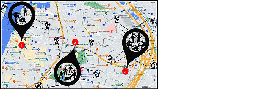 Kaartje van Antwerpen met drie plaats delicten op aangeduid