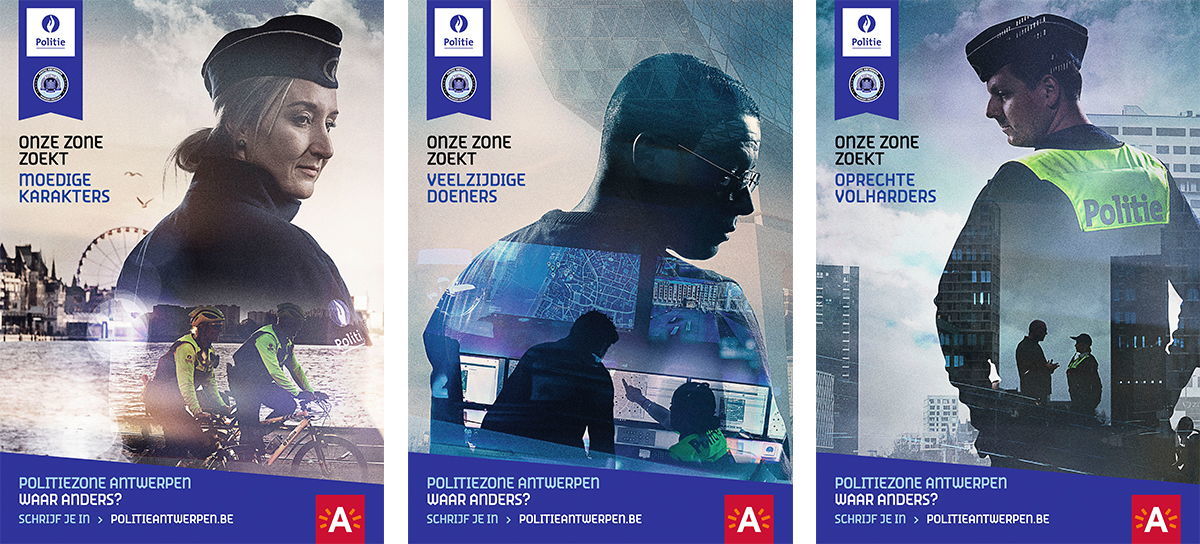 Drie rekruteringsaffiches voorzien van verschillende Antwerpse (politie)beelden 