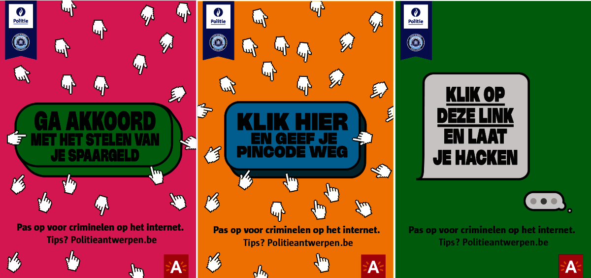 Drie affiches campagne cybercrime naast elkaar