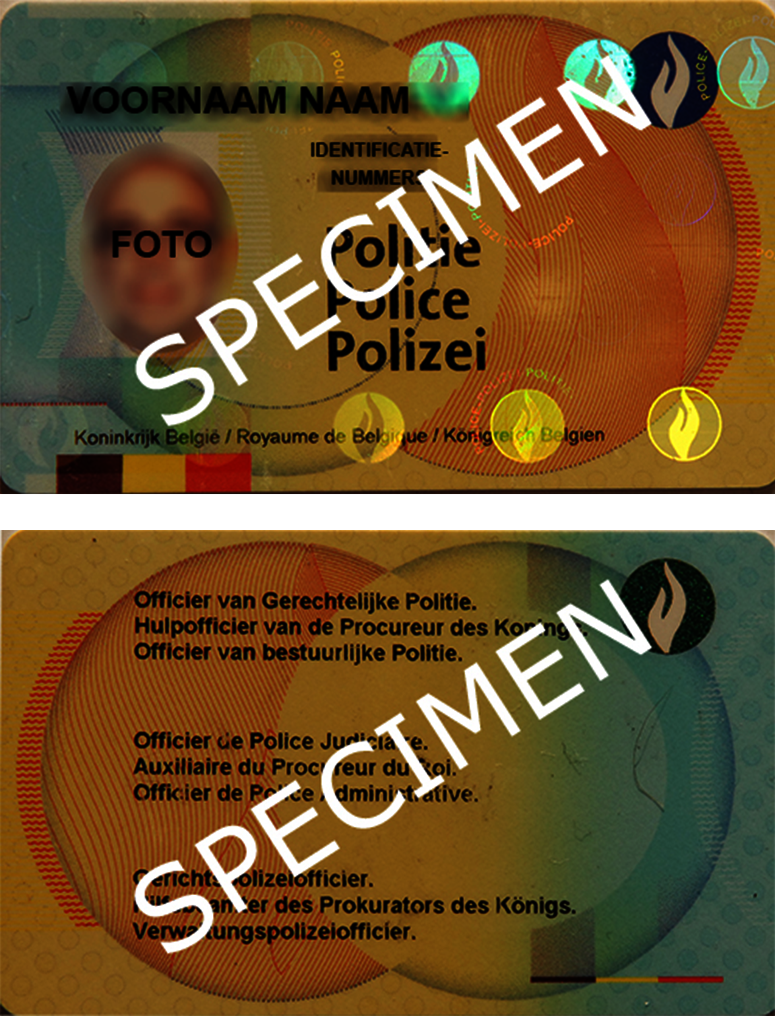 Voor- en achterkant van de legitimatiekaart van een operationele politiemedewerker
