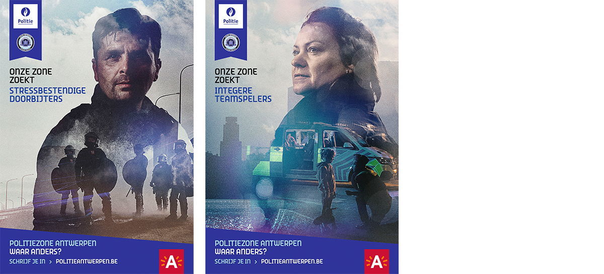 Twee rekruteringsaffiches voorzien van verschillende Antwerpse (politie)beelden